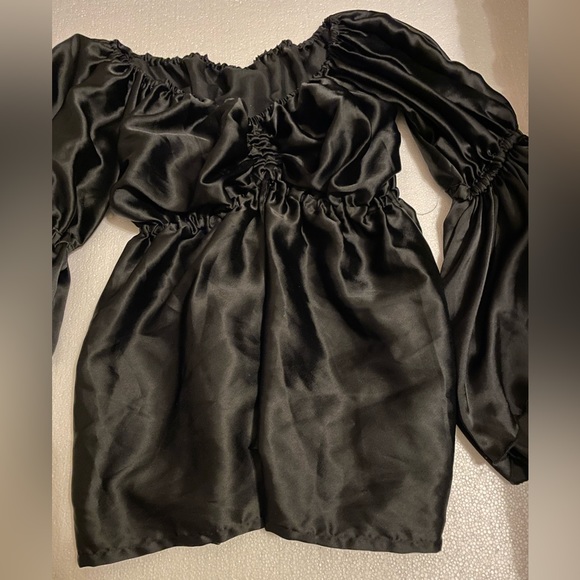 Black Rayon Blouse with draw string underneath breast, elastic waste line. - Picture 1 of 8